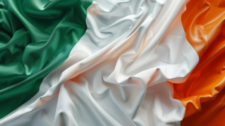 A beautiful satin flag of Ireland lies on the table, close-up. The striped Irish flag is green, white and orange. The flag is fluttering in the wind. Immigration and tourism.の素材