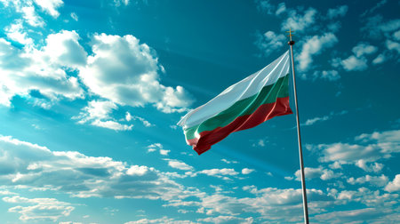The national symbol of the country. The national flag of Bulgaria flutters in the wind against the blue sky. Travel and citizenship. Immigration and tourism.の素材