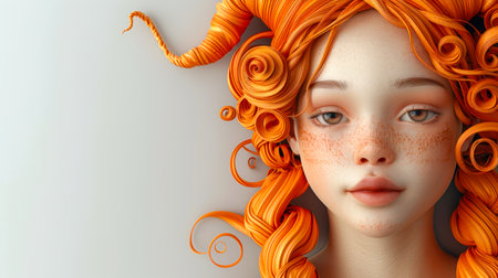 A young red-haired teenage girl. A stylish portrait of a girl with freckles and fiery orange hair arranged in a spiral. Capricorn according to the sign of the horoscope. Close-up of the beauty.の素材