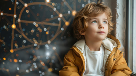 Childhood. Portrait of a little boy sitting by the window and looking at the stars. A space concept. The study of cosmonautics. The child's future. The scene is peaceful as the boy steps out into the endless night sky. The boy's expression is thoughtfulの素材