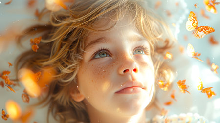 Portrait of a beautiful little boy with blond hair and green eyes, close-up. The child is lying on his back in bed, and butterflies are fluttering around him. Dreams of a kid. Children are our futureの素材