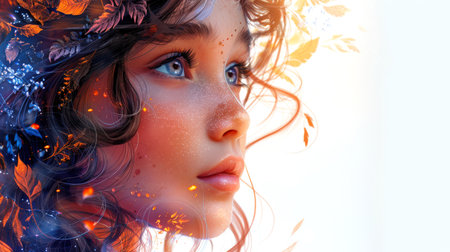 The woman is autumn. The concept of a postcard for International women's Day on March 8. Portrait of a young girl with autumn leaves in her hair, close-up. The woman's hair is styled in such a way that it resembles a bouquet of flowers.の素材