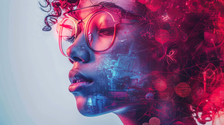 Portrait of a stylish black teenager with curly hair and glasses in a futuristic style. The concept of youth and space exploration. A close-up of a beauty in pink and blue tones. IT specialist. Double exposure.の素材