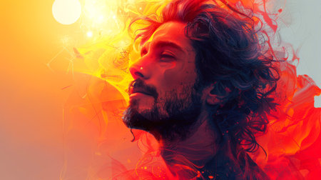 Portrait of a stylish man with a mustache and beard in red lighting against a sunset background. Masculinity, brutality and strength. A man with his head held high, confident. Close-up.の素材