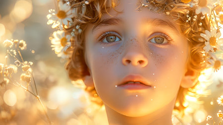 The boy is spring. A young boy with a wreath of daisies on his head as a symbol of summer, innocence, youth and carefree childhood. The guy has a very beautiful face, and he looks hopefulの素材