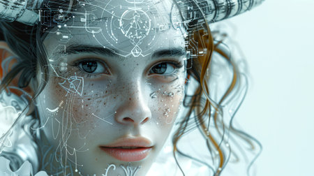 A mythical portrait of a woman with horns. An unearthly dreamy look. The concept of the Aries sign according to the horoscope. Portert is a woman with a face covered with symbols and horns on her head. The image has futuristic and artistic overtonesの素材