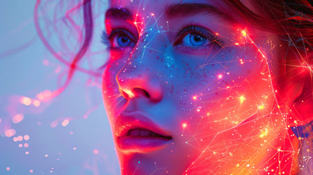 A woman's face with futuristic lines of data technology, sparkling lights and sparks. Women's Day is March 8th. The zodiac constellation. Close-up of a young woman's face in a blue-pink glow.の素材