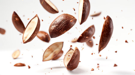 The halves of the Brazil nut hunger in the air on a white background. Close-up of a Brazil nut. Healthy eating. A vegan snack. The concept of movement and energy is as if a nut is thrown into the air in a playful manner. food backgroundの素材