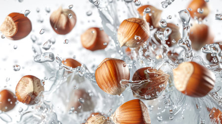 A handful of hazelnuts in their shells falls into clear, transparent water, creating many drops and splashes. Washing the hazelnuts. Protein snack. Healthy eating. A natural product. food backgroundの素材
