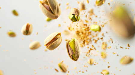Pistachio explosion on a white background. Close-up of a bunch of pistachios flying through the air. Nuts are scattered all over the image. The scene is chaotic and disordered. A delicious snack. Protein food. food backgroundの素材