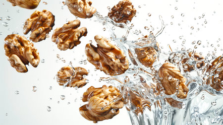 Walnuts in close-up splashing in clear transparent spring water. Walnuts float in the water, creating a feeling of movement and energy. The image conveys a feeling of freshness and vitalityの素材
