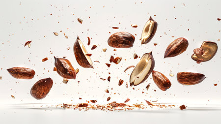 A group of Brazilian nuts split in half hovered in the air. The concept of healthy eating. A natural snack. An organic product. Food background. A vegan diet. Brazil nuts fly in the air, creating a feeling of movement and energyの素材