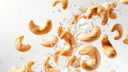 A bunch of almonds is washed under cold, clean running water. Close-up of a handful of cashew nuts flying into the air in drops of water. A delicious protein snack. A natural organic productの素材