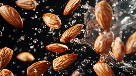 Close-up of almond nuts falling into the water. The process of washing almonds in cold water. A delicious protein snack. A vegan diet. A natural organic product. food backgroundの素材