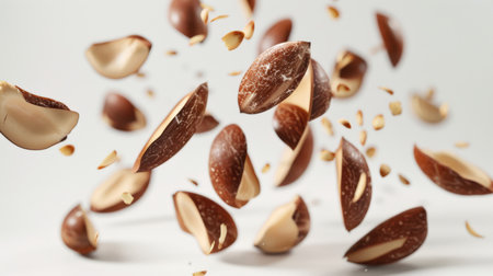 Close-up of a dancing Brazil nut. A Brazil nut split in half floats in the air above the table. The concept of healthy eating, abundance and diversity. Food background.の素材