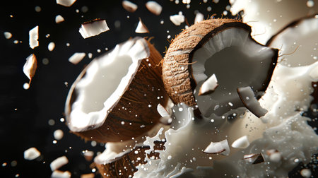 A close-up of a coconut broken in half, from which milk is spilling out. Pieces of coconut float in the air. Coconut explosion. A tropical fruit. A natural delicious snack. Feeling of excitement and energyの素材