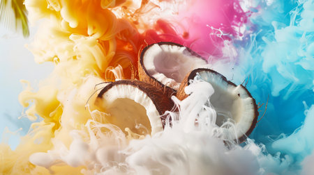 A close-up of coconut halves in a fabulous mystical colored smoke. Colorful food background. A healthier diet. An exotic snack. A vegan natural product. Colored ink envelops several halves of coconutsの素材