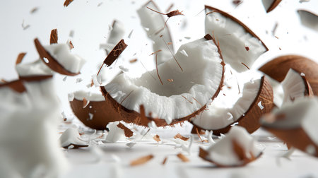 Coconut explosion in close-up. A few broken coconuts fall onto the white table. The concept of chaos and destruction. A natural organic product. Food background.の素材