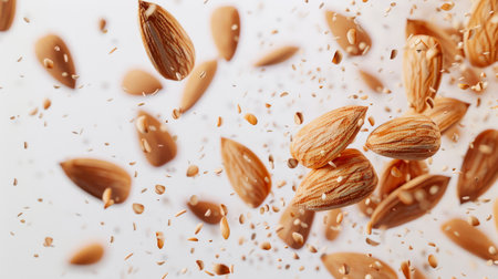 Almond explosion. A handful of almonds flies into the air. Almonds are scattered all over the background. A delicious natural protein snack. An organic product. A vegan diet. food backgroundの素材