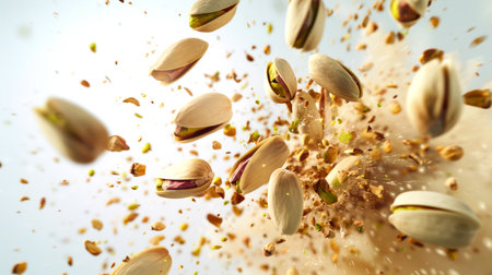 Close-up of a handful of pistachios in a shell, flying in different directions on a white background. A delicious healthy snack. A protein-based natural organic product. A vegan diet. The concept of chaos and movementの素材