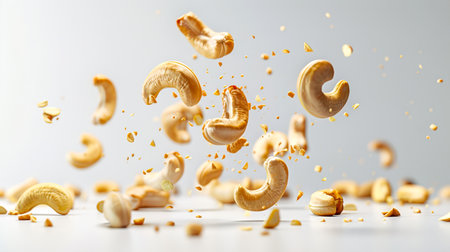 Vegan food. A pile of cashew nuts falls onto a white table. Nut explosion. Cashew nuts fly into the air and fly in different directions. A delicious snack. A natural productの素材