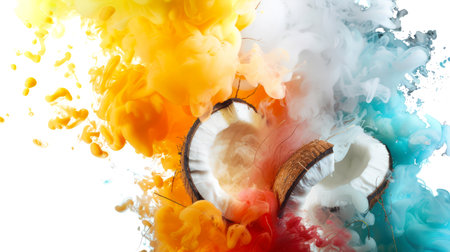 Pieces of coconut are shrouded in colorful thick stylish smoke. The yellow, orange, red, and blue colors of the smoke create a feeling of excitement and energy. A tropical fruit. A natural delicious snack. food backgroundの素材