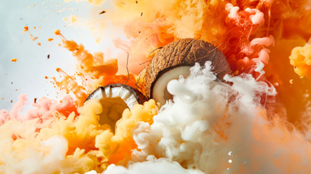 Two halves of coconut peek out from the thick white-yellow-orange smoke. The painting is surreal and looks like a fairy tale. A natural organic product. A shamanic ritual. food backgroundの素材