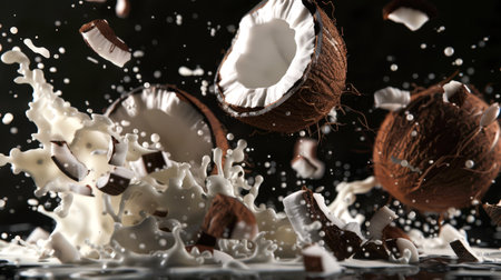 Natural organic milk is poured out of the broken coconuts. A delicious snack. A healthier diet. An exotic fruit. A bunch of coconuts falls on a black table and breaks into pieces. food backgroundの素材