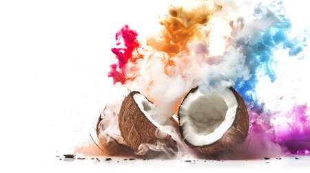Three broken coconuts lie on a white table surrounded by colorful mystical smoke. Smoke is a mixture of red, blue, pink and yellow colors, creating a bright and dynamic scene. An exotic snack. food backgroundの素材