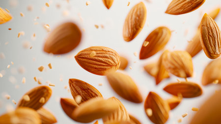 Close-up of almonds flying through the air. Almonds scatter in different directions, creating a feeling of movement and energy. A delicious natural protein snack. Healthy eating. food backgroundの素材