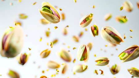 Pistachios in their shells fly all over the background. A bunch of pistachios are floating in the air. A natural vegan snack. A protein diet. Food background. A healthy treat. An organic productの素材