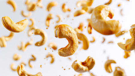 A bunch of cashew nuts are flying through the air. The nuts are scattered in different directions. A mix of cashew nuts. The concept of healthy eating. A delicious vegan natural snack. The concept of chaos and disorderの素材