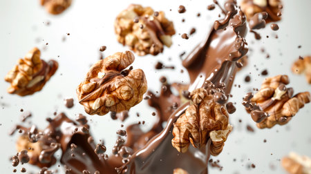 Walnuts in chocolate. Walnut halves are mixed with hot thick milk chocolate in the air on a white background. Delicious dessert. A natural product. The image conveys a feeling of pleasure and excitementの素材