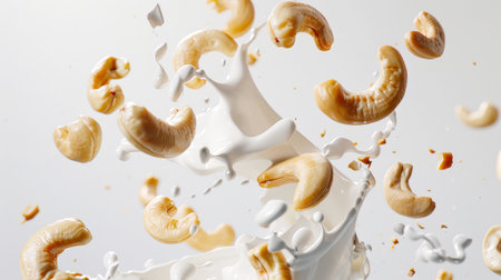 A natural vegan product is cashew nut milk. White drops and splashes fly into the air with cashew nuts. Healthy eating. Food background. The image conveys a feeling of energy and excitementの素材