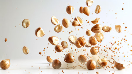 A bunch of macadamia nuts falls on a white table and flies in different directions. A natural product. The concept of healthy eating. A storehouse of useful vitamins, fats and trace elements. A delicious snackの素材