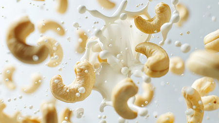 Cashew nut milk. Milk splashes and drops dance with cashew nuts. Nuts are scattered all over the background. Healthy eating. A vegan natural product. food backgroundの素材