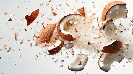 Close-up of a coconut explosion. Coconut milk pours from a split nut and splashes in all directions. Coconut flakes are scattered throughout the image, creating a sense of chaos and disorder. The image conveys a feeling of abundanceの素材