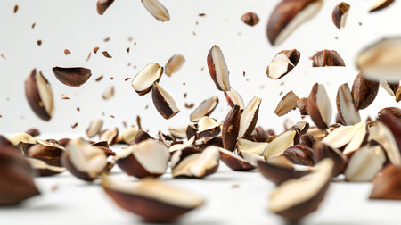A large pile of Brazil nuts falls from above onto a white table. A vegan snack. A natural product. Nuts are scattered all over the image, some of them are hanging in the air. The scene is chaotic and disorganizedの素材
