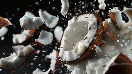 An exotic product. Close-up of a coconut explosion sprinkled with white natural milk. The coconut opens and the milk flows out. A delicious natural product.の素材