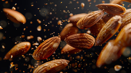 A close-up of a handful of almonds, around which a lot of dust and debris are flying. Almonds are scattered all over the black background. Almond is a delicious healthy snack. Yummyの素材