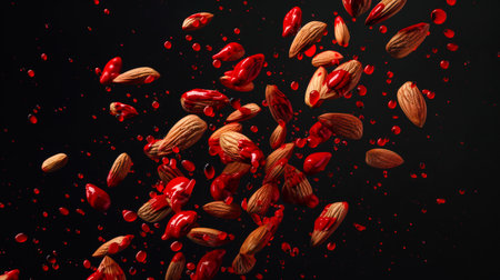 Bundles of almonds covered with red raspberry syrup are falling from the sky. A delicious sweet snack. Nuts in red caramel on a black background. A natural product. The scene is chaotic and messyの素材