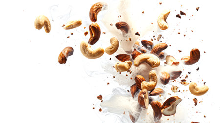 A mix of nuts in white smoke. A bunch of cashews, almonds and Brazil nuts are flying through the air. A natural protein snack. An organic product. Food background. Healthy eating.の素材