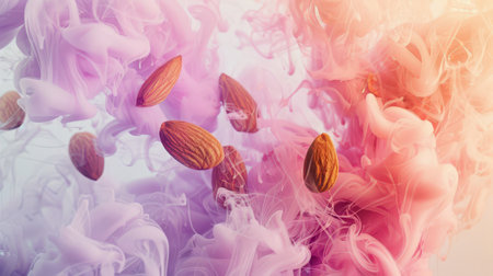 Close-up of a bunch of almonds floating in purple-pink smoke. Stylish food background. Delicious natural organic product. Protein snack. A vegan diet. Healthy eatingの素材