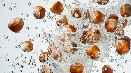 Hazelnuts in their shells splash in a stream of clear transparent water in the air on a white background. Washing the hazelnuts. A natural organic product. Food background. Healthy eating. The image is created in a playful and whimsical styleの素材