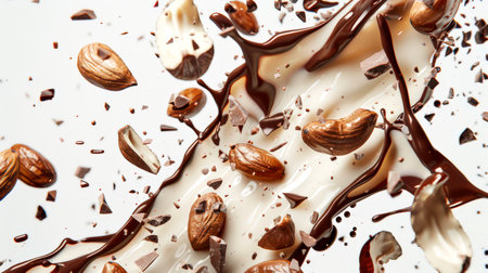 Chocolate-nut milkshake with chocolate chips and Brazil nuts. The milkshake is sprinkled with chocolate and Brazil nuts, which gives it a refined look. A delicious sweet snack. food backgroundの素材