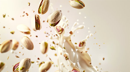 Pistachio nuts dance in drops of white glaze in the air. Pistachios are scattered all over the background, and milk is spilling out of the center. The image has a playful and whimsical mood. A delicious snack.の素材