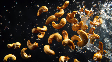 A handful of cashew nuts plays with splashes of water in the air on a black background. Cashew nuts are scattered all over the background, creating a messy picture. The water is sprayed and mixed with the nutsの素材