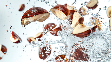 Close-up of pieces of Brazil nuts and splashes of water in the air on a white background. Water creates a dynamic effect. A healthy natural organic product. A storehouse of vitamins and trace elements.の素材
