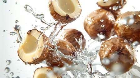 Close-up of a pile of macadamia nuts, around which water splashes. Juicy explosion of macadamia nuts in water. Washing nuts. A natural organic product. food backgroundの素材