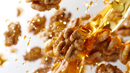 Close-up of walnuts and splashes and drops of honey. A mix of honey and walnuts. A delicious sweet snack. A natural product. A vegan diet. Food background.の素材